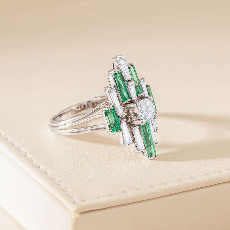 Vintage 18ct White Gold Diamond & Emerald Cluster Ring - Ring - Walker & Hall
