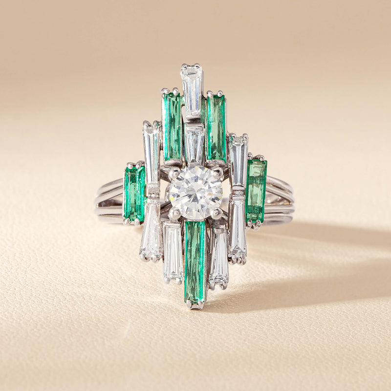 Vintage 18ct White Gold Diamond & Emerald Cluster Ring - Ring - Walker & Hall