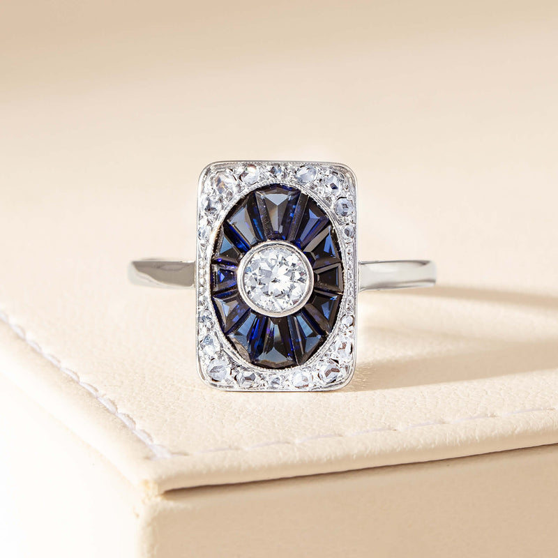 Vintage 15ct/18ct White Gold Diamond & Sapphire Ring - Ring - Walker & Hall