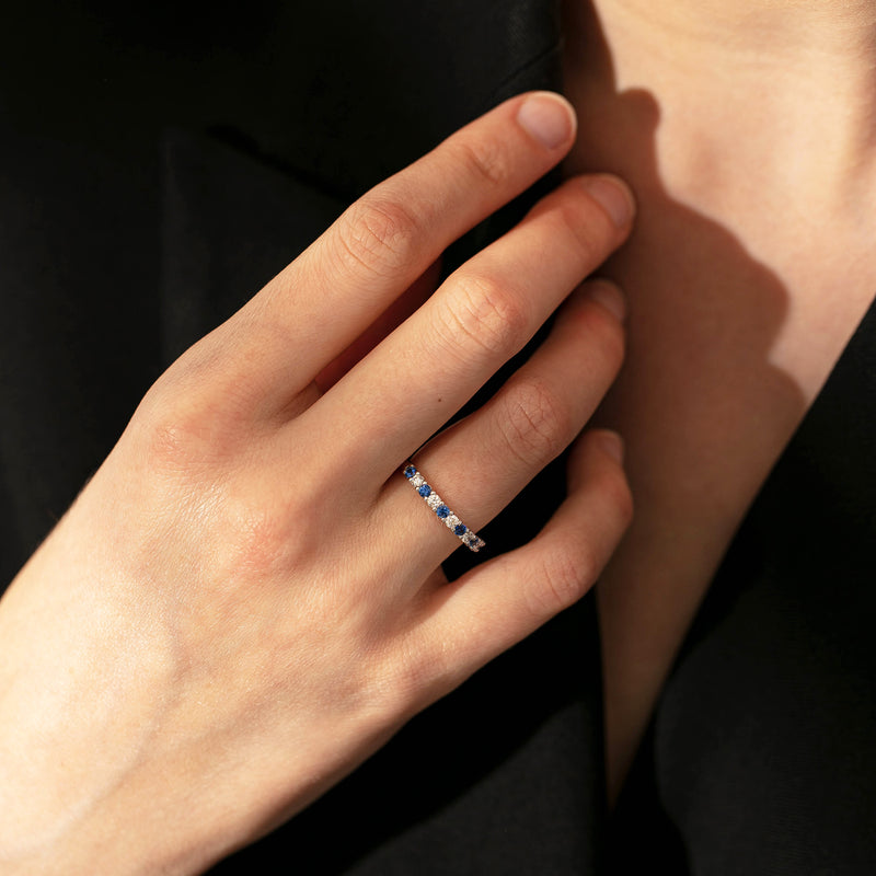 Model wearing Natural Diamond and Sapphire Panorama Ring