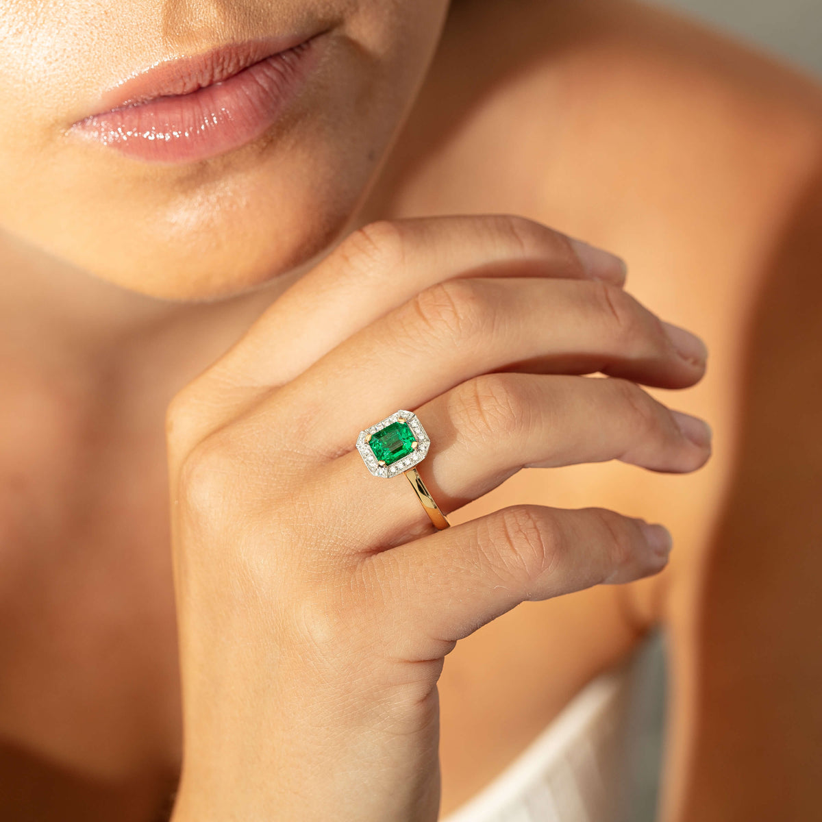 Model wearing Emerald and Diamond Empire Ring