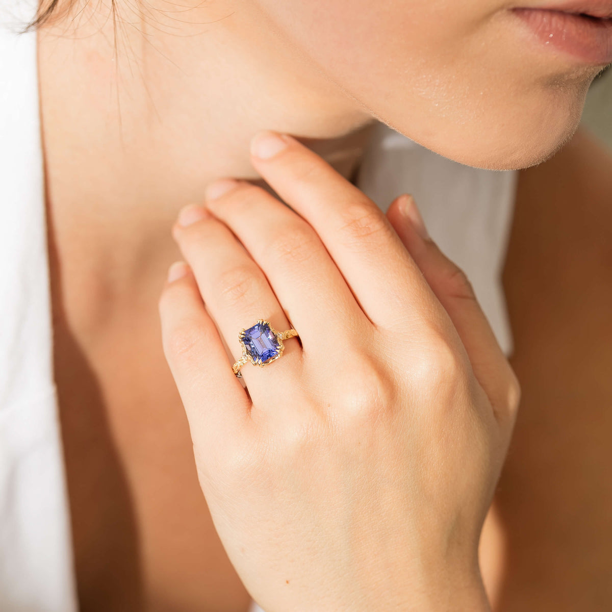 Model wearing tanzanite Romanov Ring