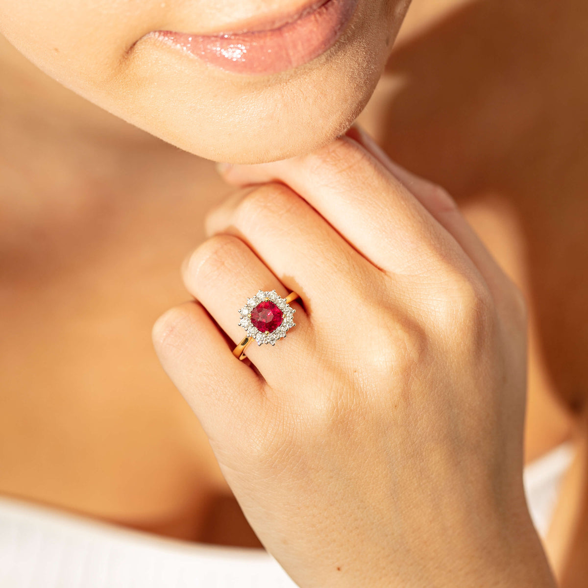 Model wearing Ruby and Diamond Belle Ring