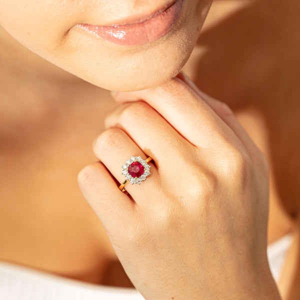 Model wearing Ruby and Diamond Belle Ring