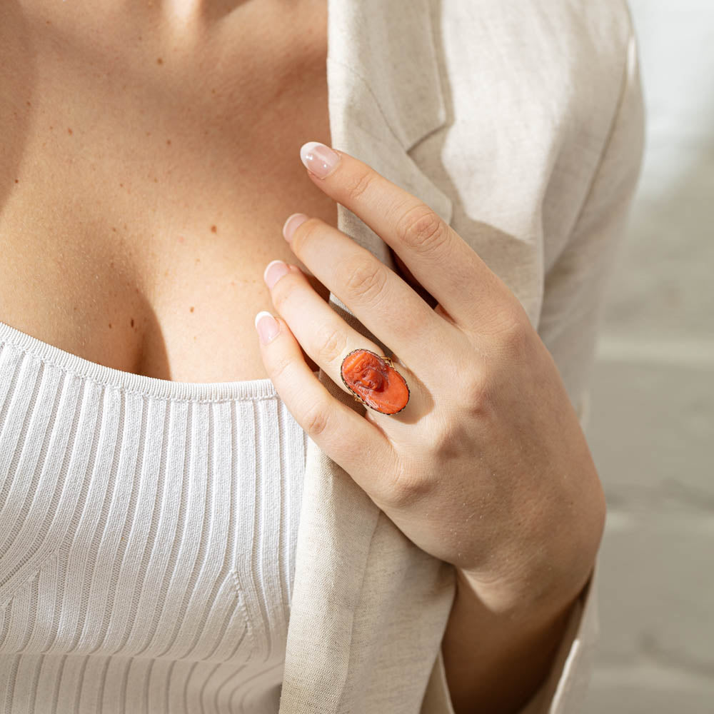 Yellow gold coral ring sales
