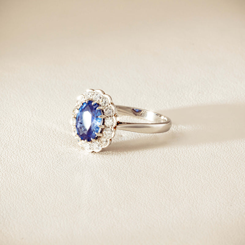 Deja Vu Platinum 2.23ct Sapphire & Diamond Halo Ring - Ring - Walker & Hall