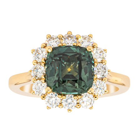 18ct Yellow Gold 3.56ct Green Sapphire & Diamond Belle Ring