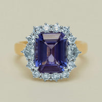18ct Yellow Gold 4.35ct Tanzanite & Diamond Halo Ring - Ring - Walker & Hall