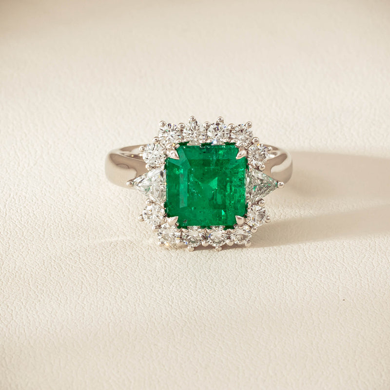 18ct White Gold 3.41ct Emerald & Diamond Cluster Ring - Ring - Walker & Hall