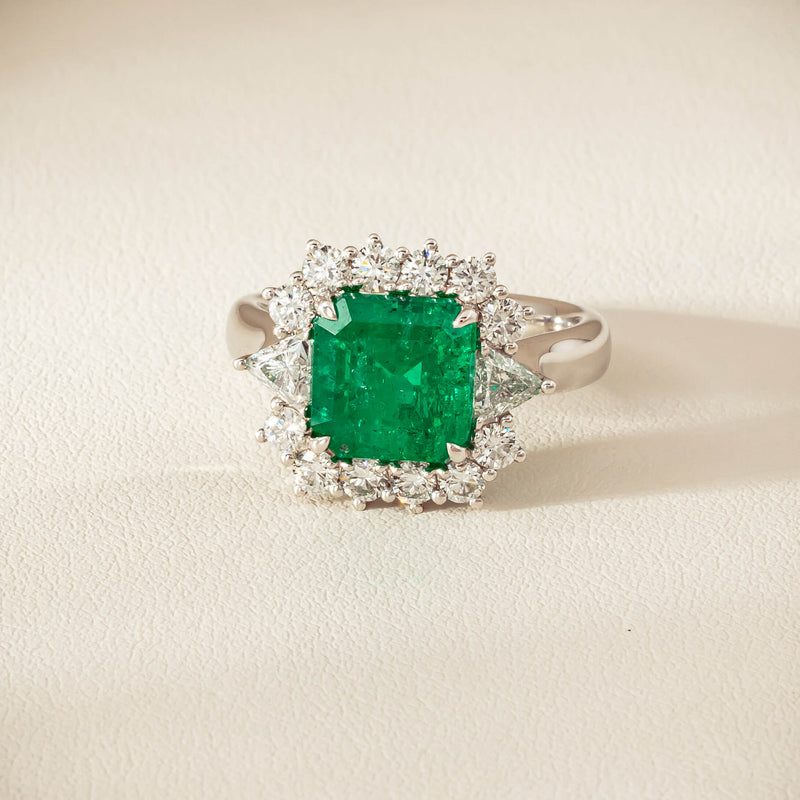 18ct White Gold 3.41ct Emerald & Diamond Cluster Ring - Ring - Walker & Hall