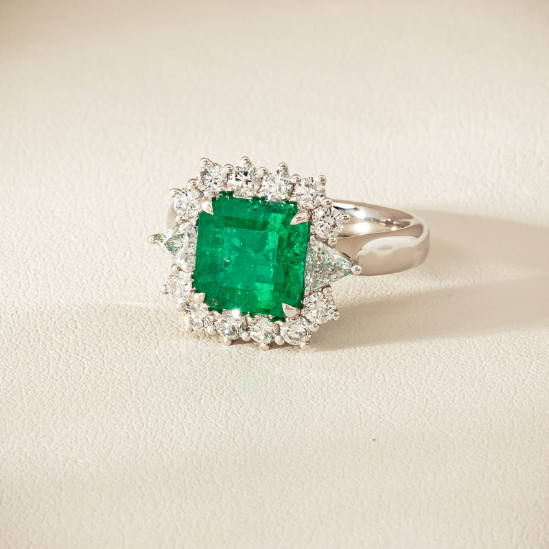 18ct White Gold 3.41ct Emerald & Diamond Cluster Ring - Ring - Walker & Hall