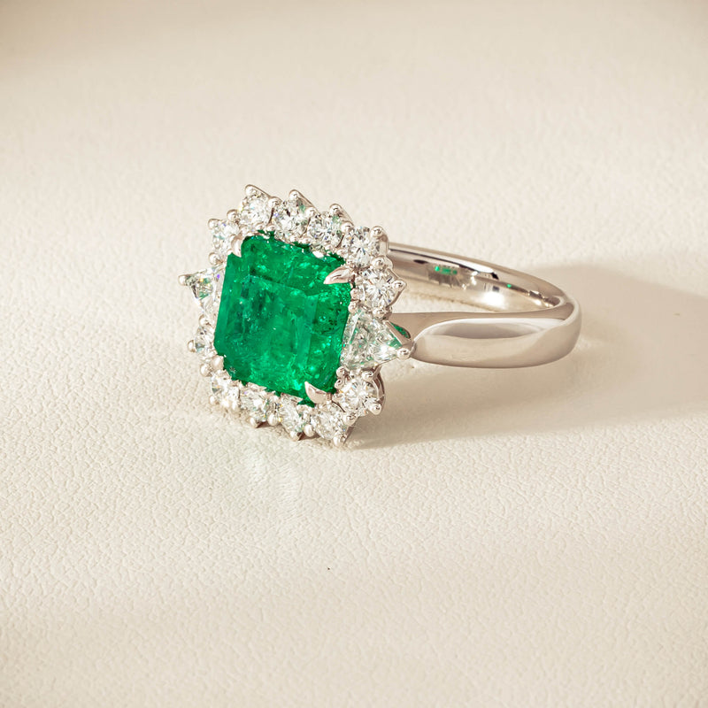 18ct White Gold 3.41ct Emerald & Diamond Cluster Ring - Ring - Walker & Hall