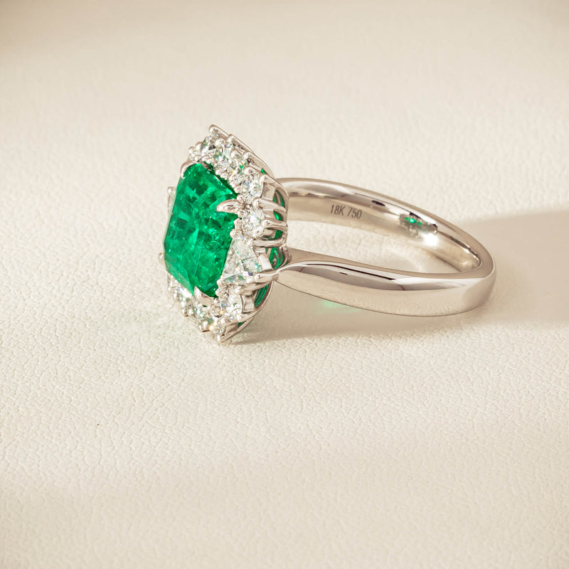 18ct White Gold 3.41ct Emerald & Diamond Cluster Ring - Ring - Walker & Hall