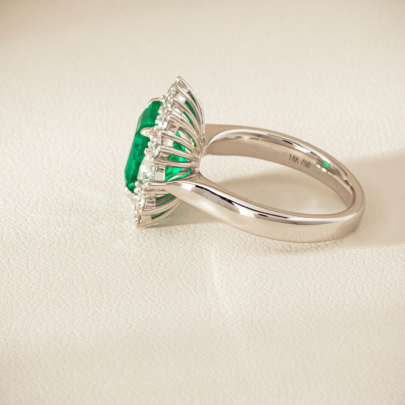 18ct White Gold 3.41ct Emerald & Diamond Cluster Ring - Ring - Walker & Hall