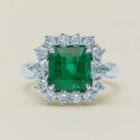 18ct White Gold 3.41ct Emerald & Diamond Cluster Ring - Ring - Walker & Hall