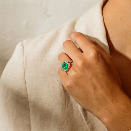 18ct White Gold 3.41ct Emerald & Diamond Cluster Ring - Ring - Walker & Hall