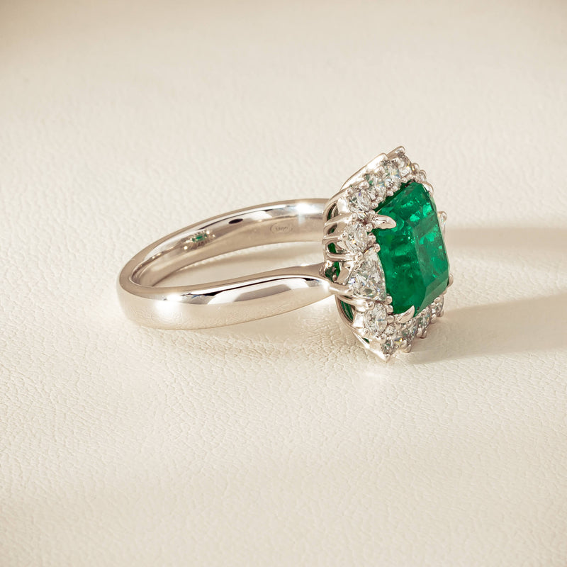 18ct White Gold 3.41ct Emerald & Diamond Cluster Ring - Ring - Walker & Hall