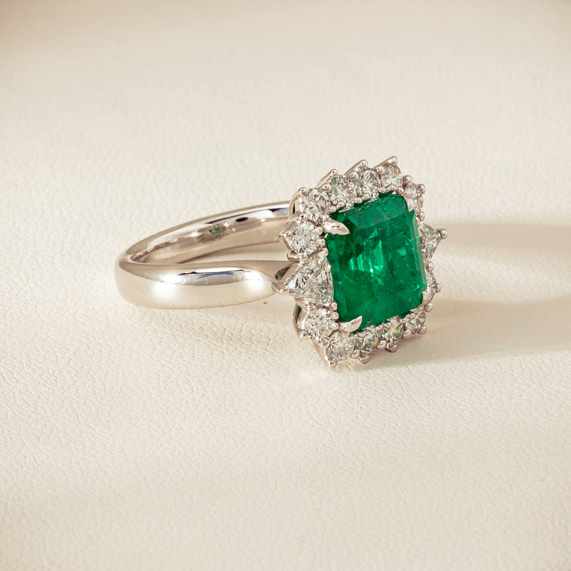 18ct White Gold 3.41ct Emerald & Diamond Cluster Ring - Ring - Walker & Hall