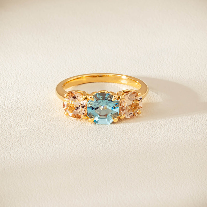18ct Yellow Gold Aquamarine & Morganite Three Stone Octavia Ring - Ring - Walker & Hall