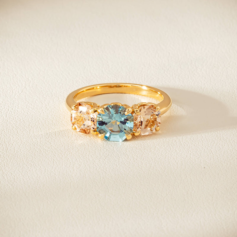 18ct Yellow Gold Aquamarine & Morganite Three Stone Octavia Ring - Ring - Walker & Hall