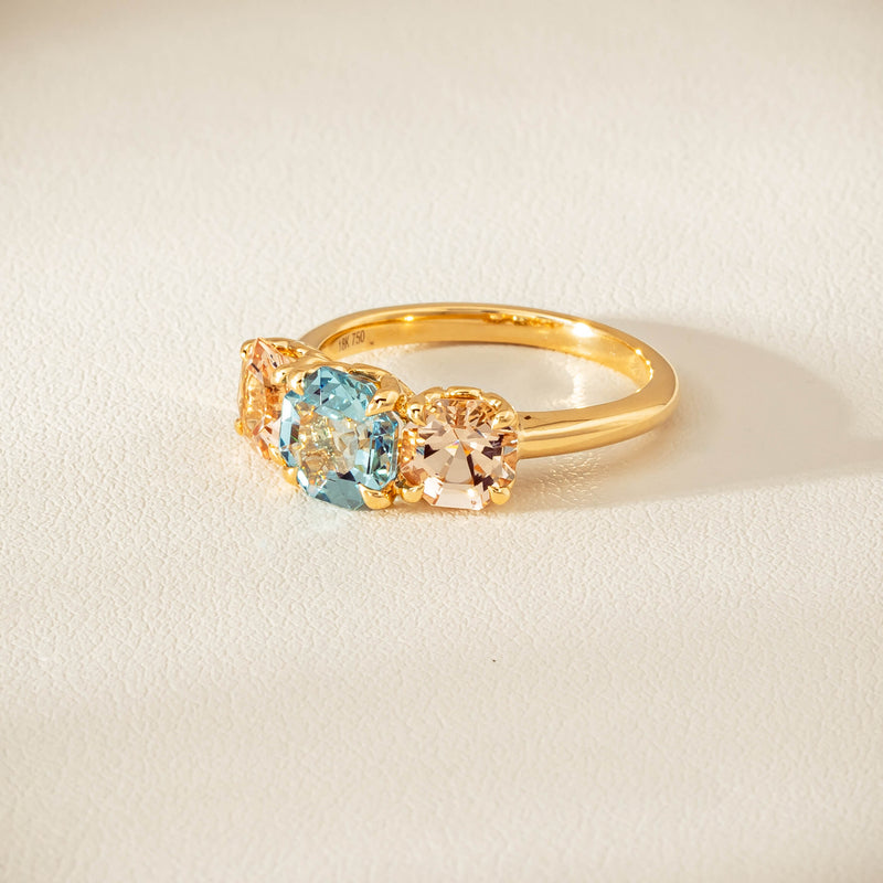 18ct Yellow Gold Aquamarine & Morganite Three Stone Octavia Ring - Ring - Walker & Hall