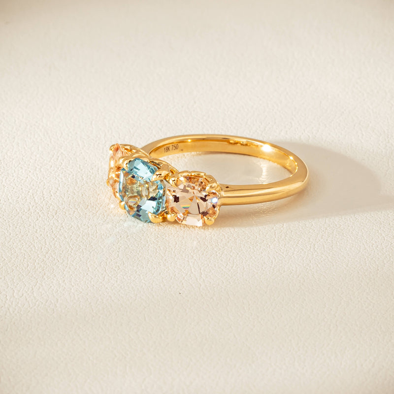 18ct Yellow Gold Aquamarine & Morganite Three Stone Octavia Ring - Ring - Walker & Hall