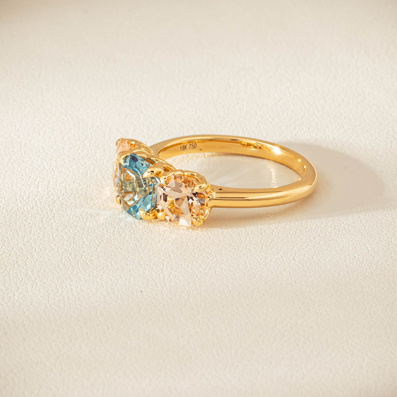 18ct Yellow Gold Aquamarine & Morganite Three Stone Octavia Ring - Ring - Walker & Hall