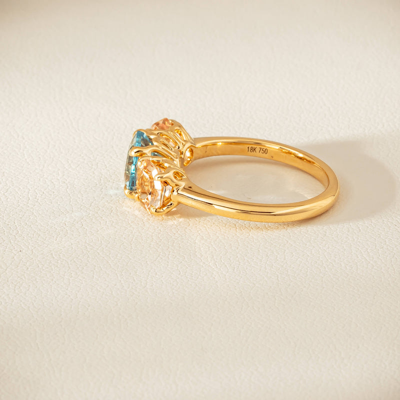 18ct Yellow Gold Aquamarine & Morganite Three Stone Octavia Ring - Ring - Walker & Hall
