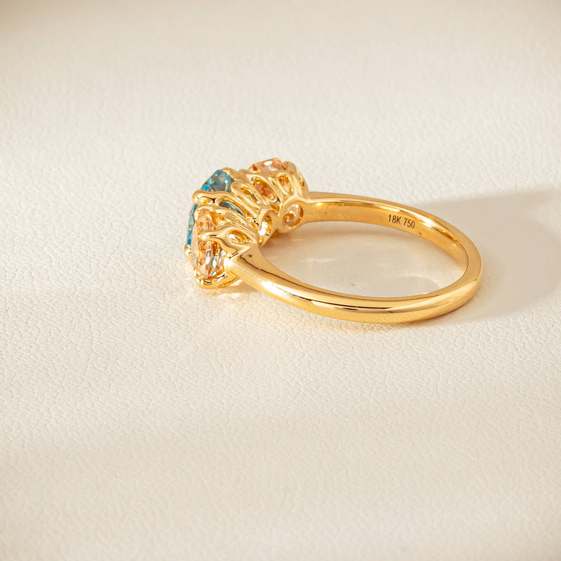 18ct Yellow Gold Aquamarine & Morganite Three Stone Octavia Ring - Ring - Walker & Hall