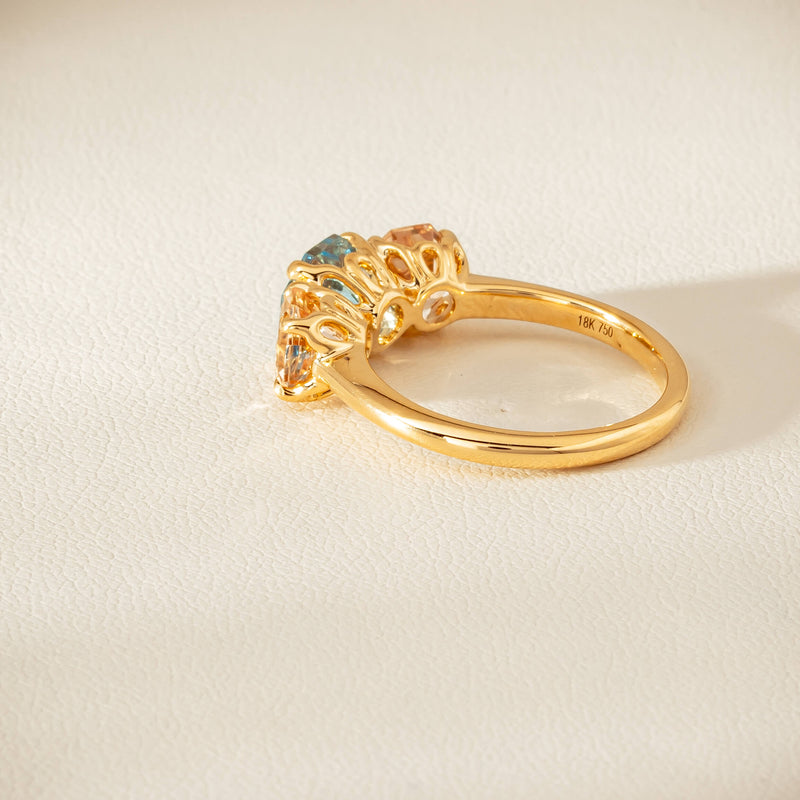 18ct Yellow Gold Aquamarine & Morganite Three Stone Octavia Ring - Ring - Walker & Hall