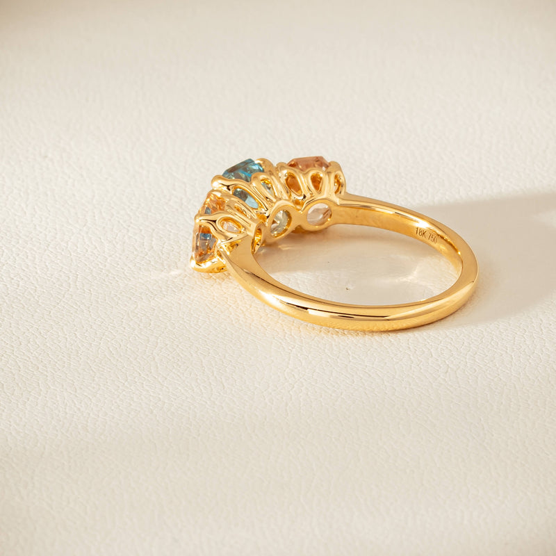 18ct Yellow Gold Aquamarine & Morganite Three Stone Octavia Ring - Ring - Walker & Hall