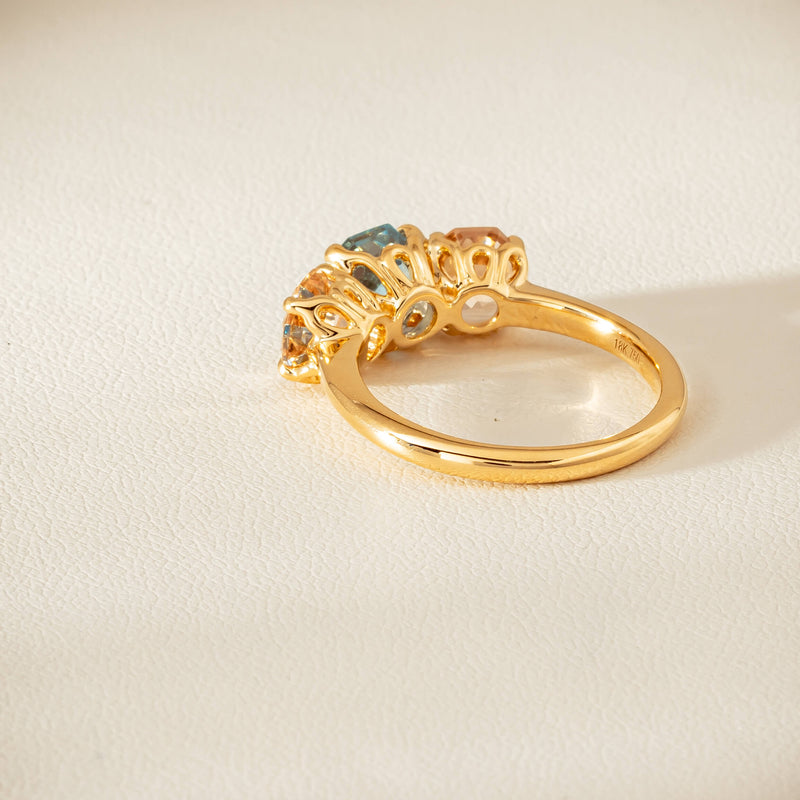 18ct Yellow Gold Aquamarine & Morganite Three Stone Octavia Ring - Ring - Walker & Hall