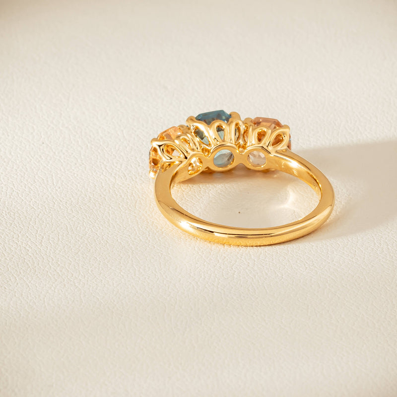 18ct Yellow Gold Aquamarine & Morganite Three Stone Octavia Ring - Ring - Walker & Hall