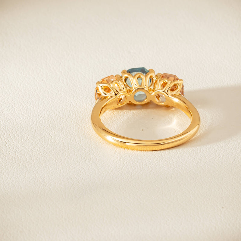 18ct Yellow Gold Aquamarine & Morganite Three Stone Octavia Ring - Ring - Walker & Hall
