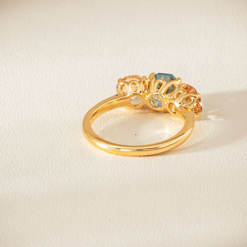 18ct Yellow Gold Aquamarine & Morganite Three Stone Octavia Ring - Ring - Walker & Hall