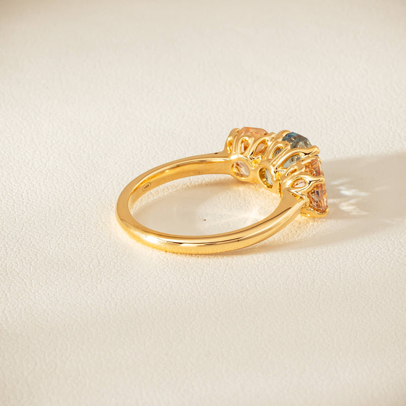 18ct Yellow Gold Aquamarine & Morganite Three Stone Octavia Ring - Ring - Walker & Hall