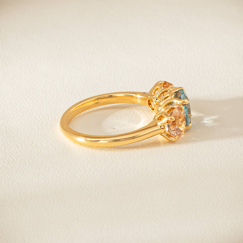 18ct Yellow Gold Aquamarine & Morganite Three Stone Octavia Ring - Ring - Walker & Hall