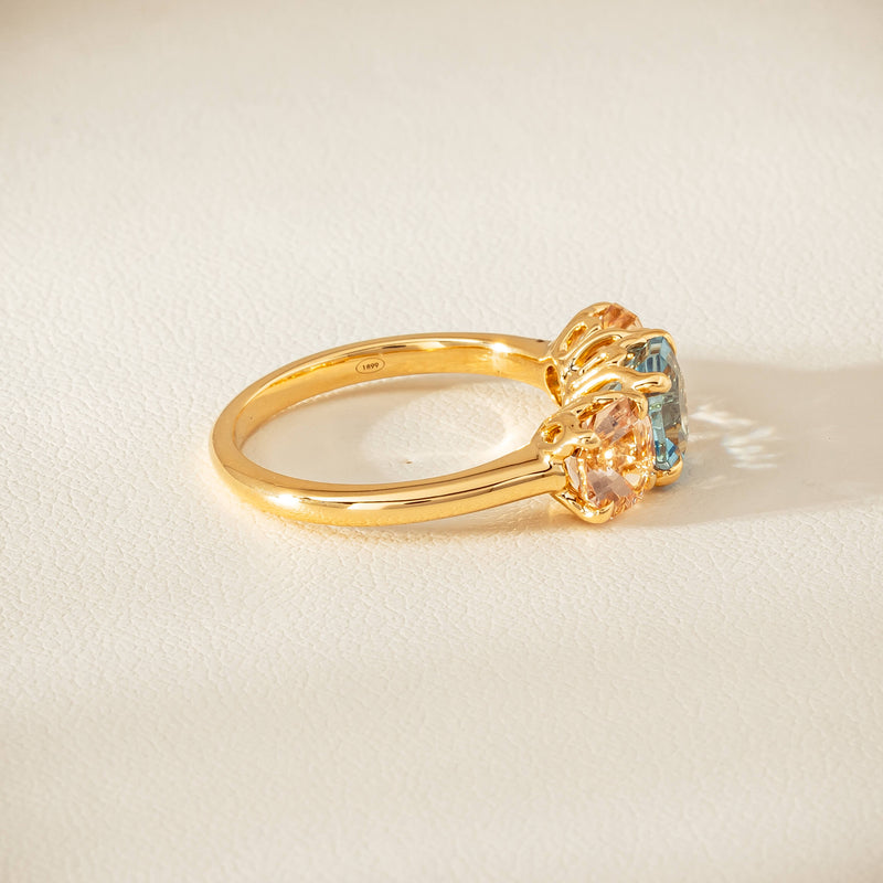 18ct Yellow Gold Aquamarine & Morganite Three Stone Octavia Ring - Ring - Walker & Hall
