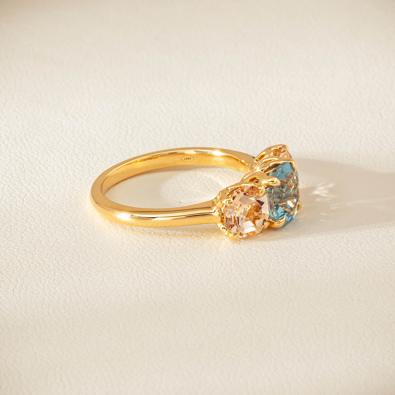 18ct Yellow Gold Aquamarine & Morganite Three Stone Octavia Ring - Ring - Walker & Hall
