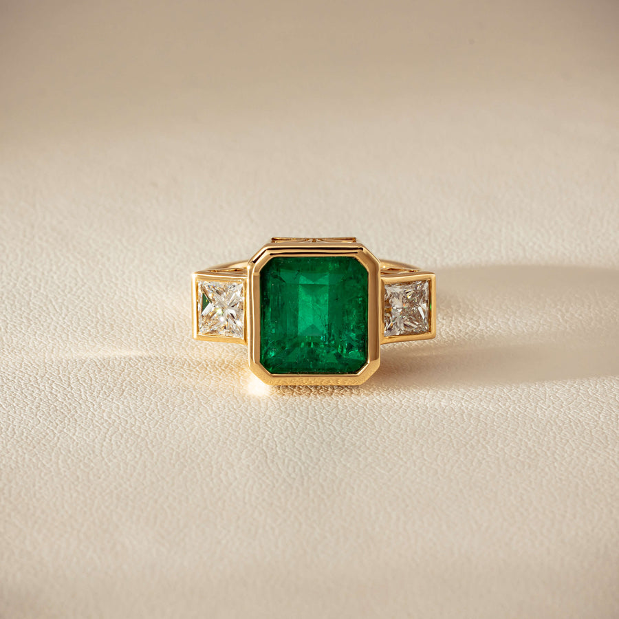 18ct Yellow Gold 5.07ct Emerald & Princess-Cut Diamond Ring - Ring - Walker & Hall