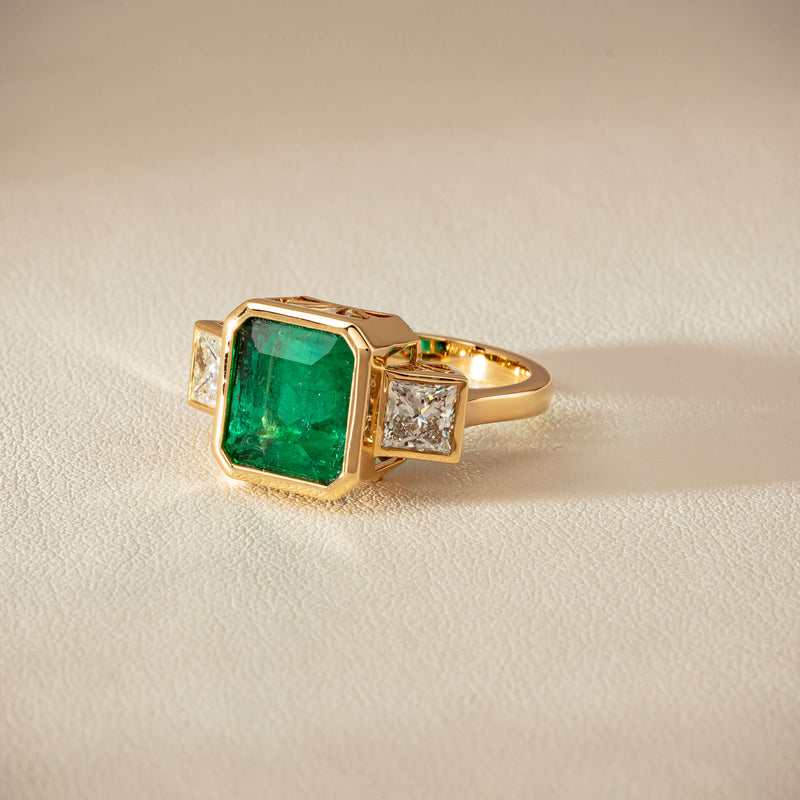 18ct Yellow Gold 5.07ct Emerald & Princess-Cut Diamond Ring - Ring - Walker & Hall
