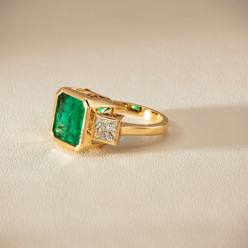 18ct Yellow Gold 5.07ct Emerald & Princess-Cut Diamond Ring - Ring - Walker & Hall