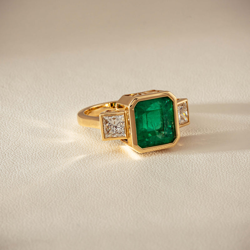 18ct Yellow Gold 5.07ct Emerald & Princess-Cut Diamond Ring - Ring - Walker & Hall