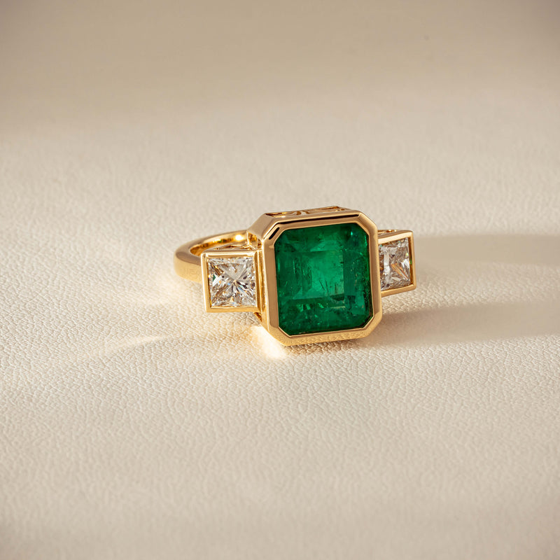 18ct Yellow Gold 5.07ct Emerald & Princess-Cut Diamond Ring - Ring - Walker & Hall
