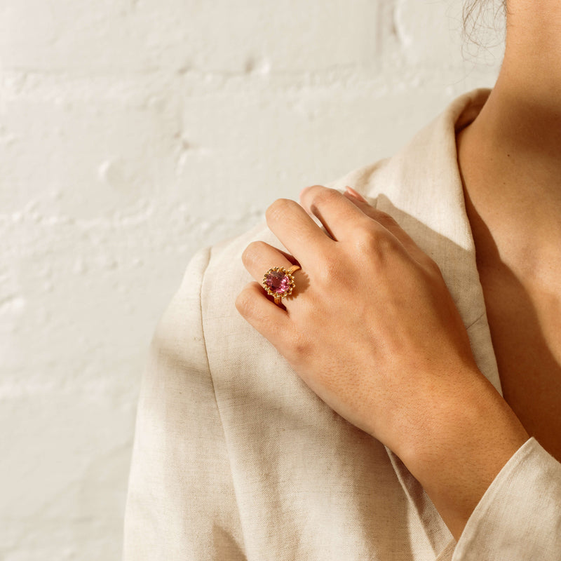 18ct Yellow Gold 5.32ct Pink Tourmaline Protea Ring - Ring - Walker & Hall