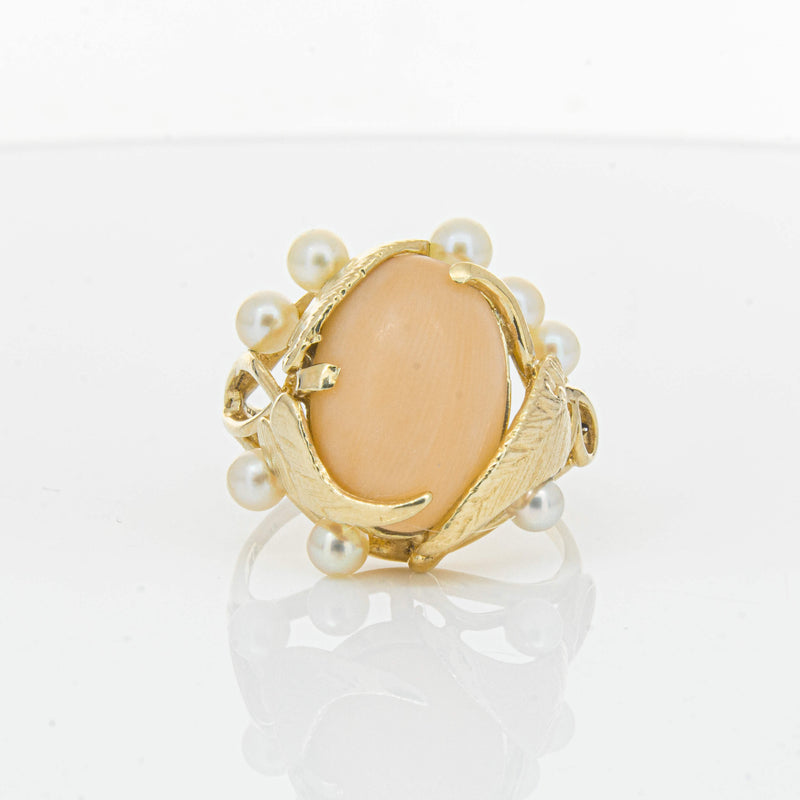 Deja Vu 14ct Yellow Gold Pink Coral & Pearl Ring - Ring - Walker & Hall