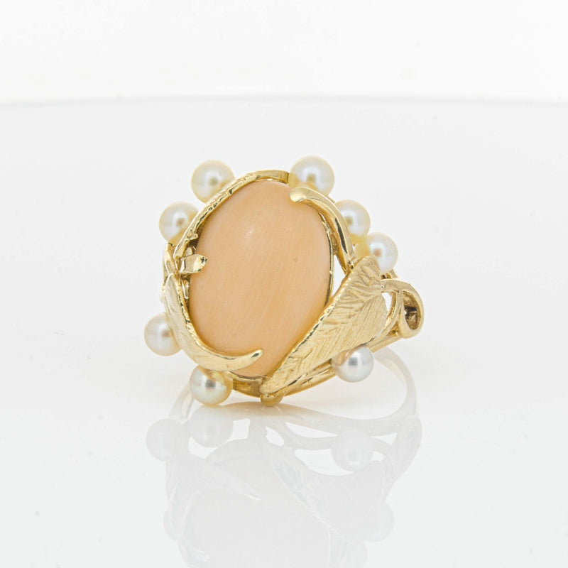 Deja Vu 14ct Yellow Gold Pink Coral & Pearl Ring - Ring - Walker & Hall