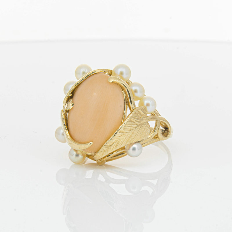 Deja Vu 14ct Yellow Gold Pink Coral & Pearl Ring - Ring - Walker & Hall