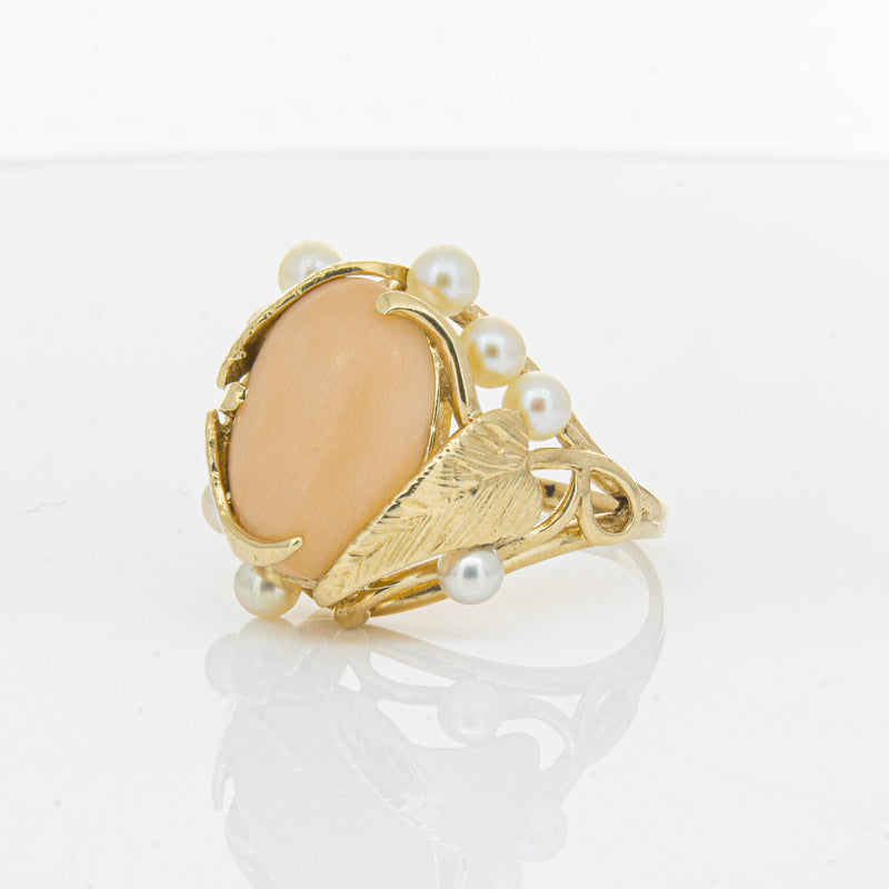 Deja Vu 14ct Yellow Gold Pink Coral & Pearl Ring - Ring - Walker & Hall
