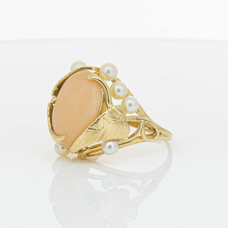 Deja Vu 14ct Yellow Gold Pink Coral & Pearl Ring - Ring - Walker & Hall